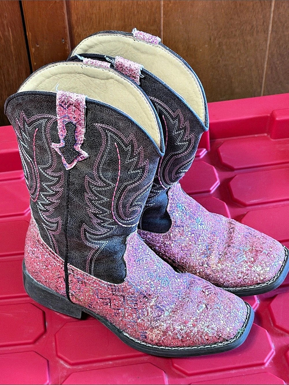 Roper Girls Pink Southwest Glitter Square Toe Cowboy Boots Girls US 3